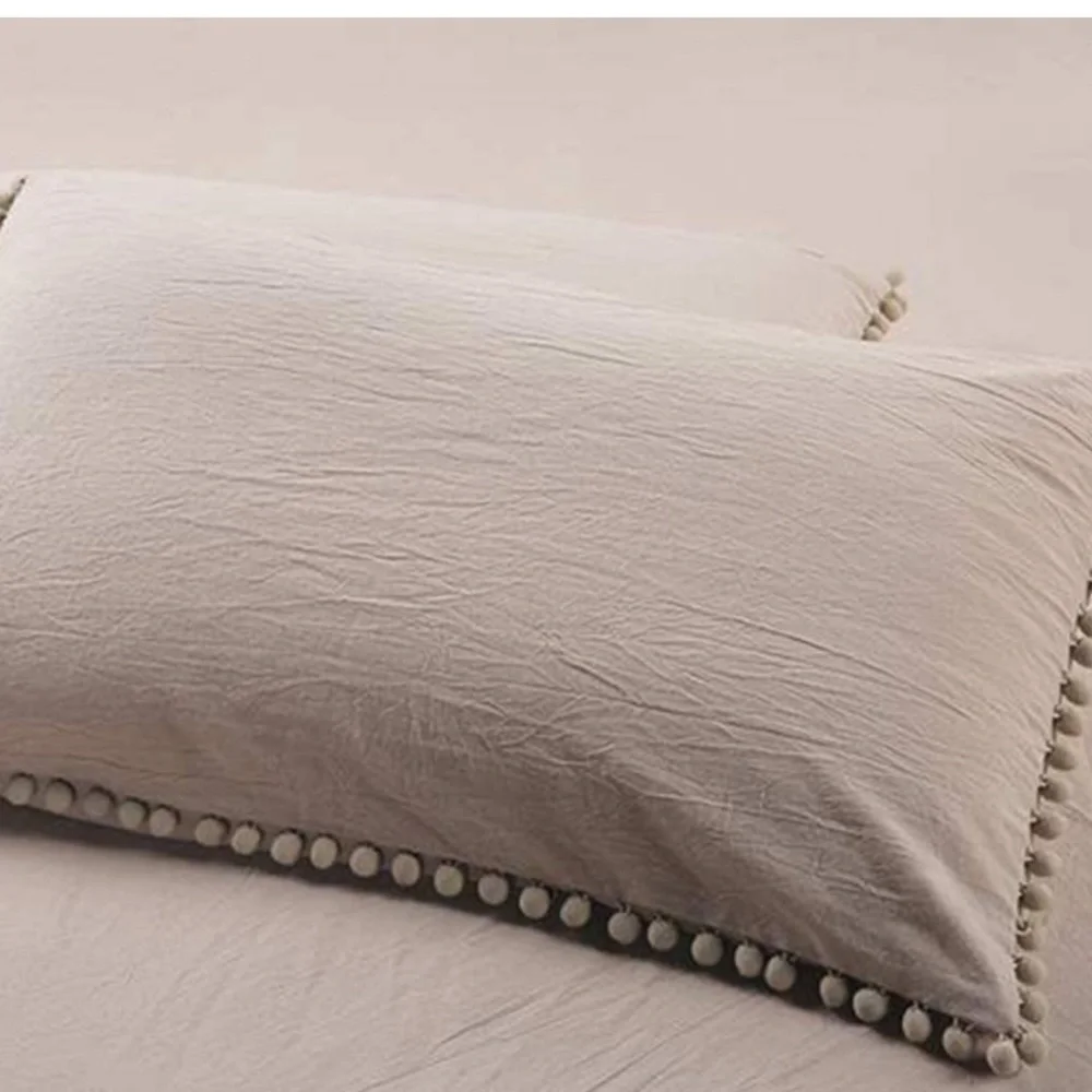 - New Khaki color Pom Pom Fringe Duvet Cover Set